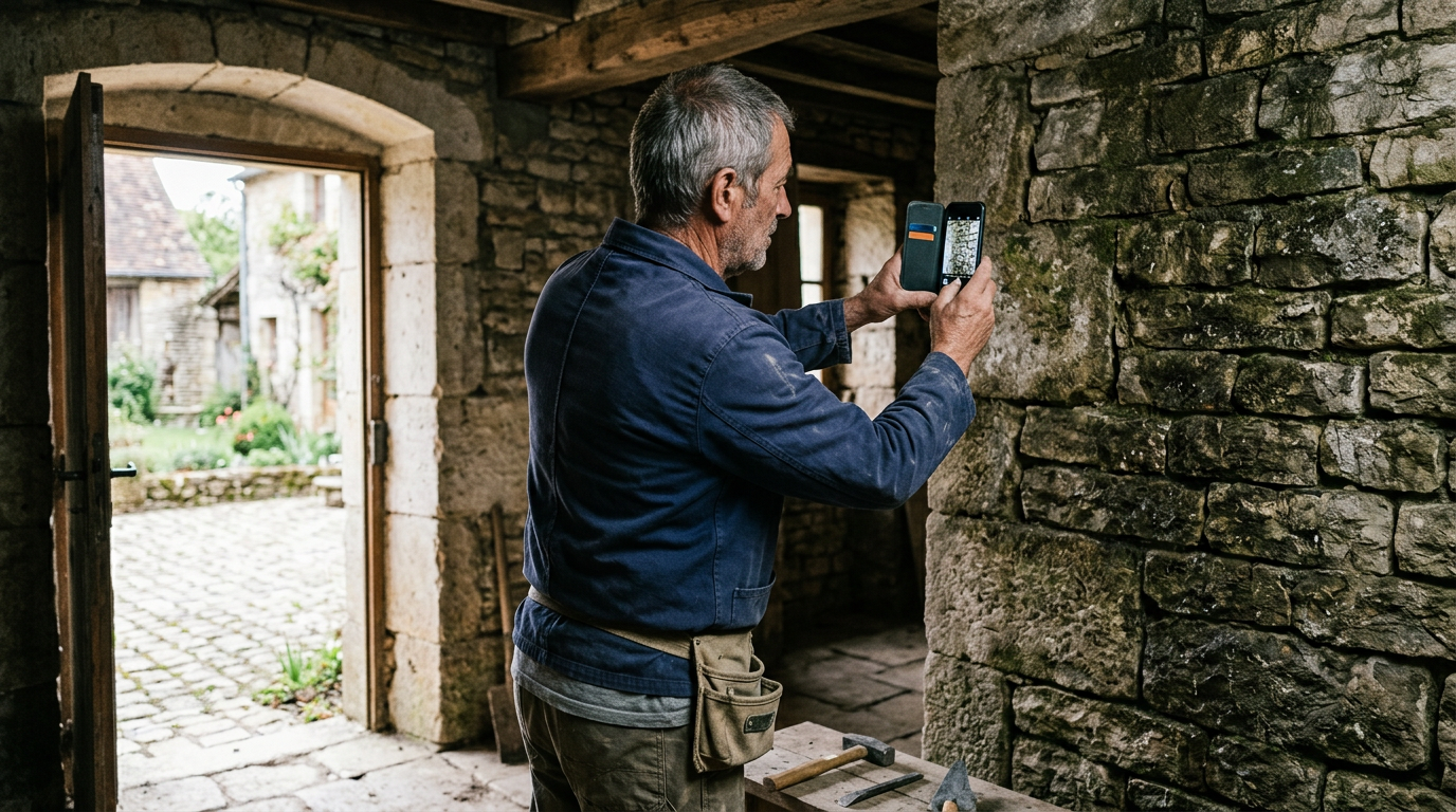 Un artisan photographie un mur ouvert sur un chantier avec son téléphone