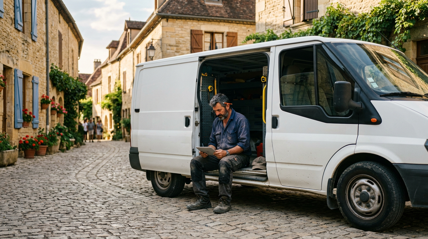 Un artisan assis à l’arrière de sa camionnette lit un devis sur sa tablette
