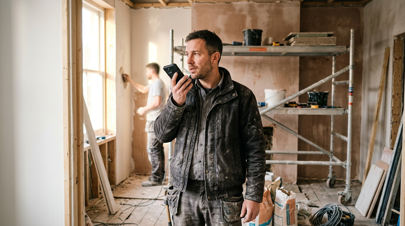 Un artisan dicte à voix haute les travaux à prévoir, son téléphone à la main