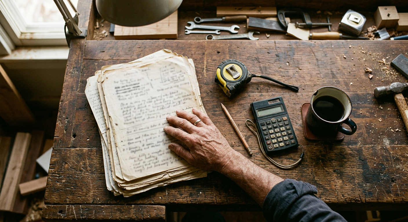 Une pile d’anciens devis griffonnés sur un établi, avec une calculatrice et un mètre