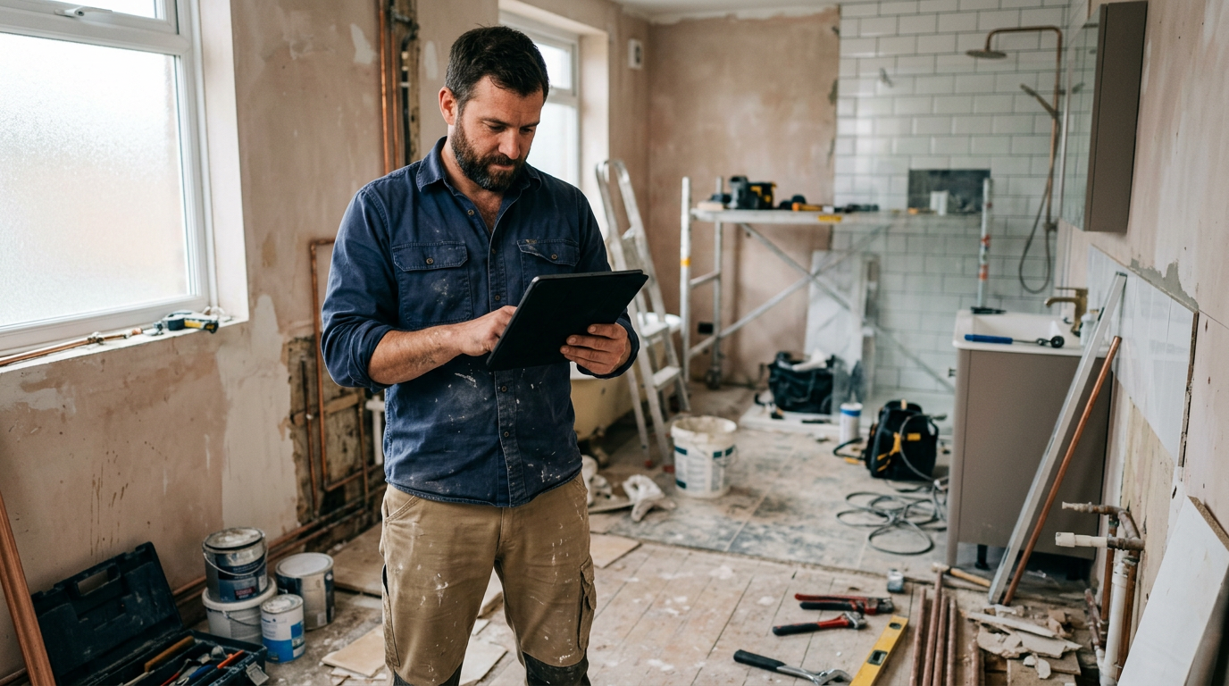 Un artisan consulte sa tablette dans une salle de bain en cours de démolition