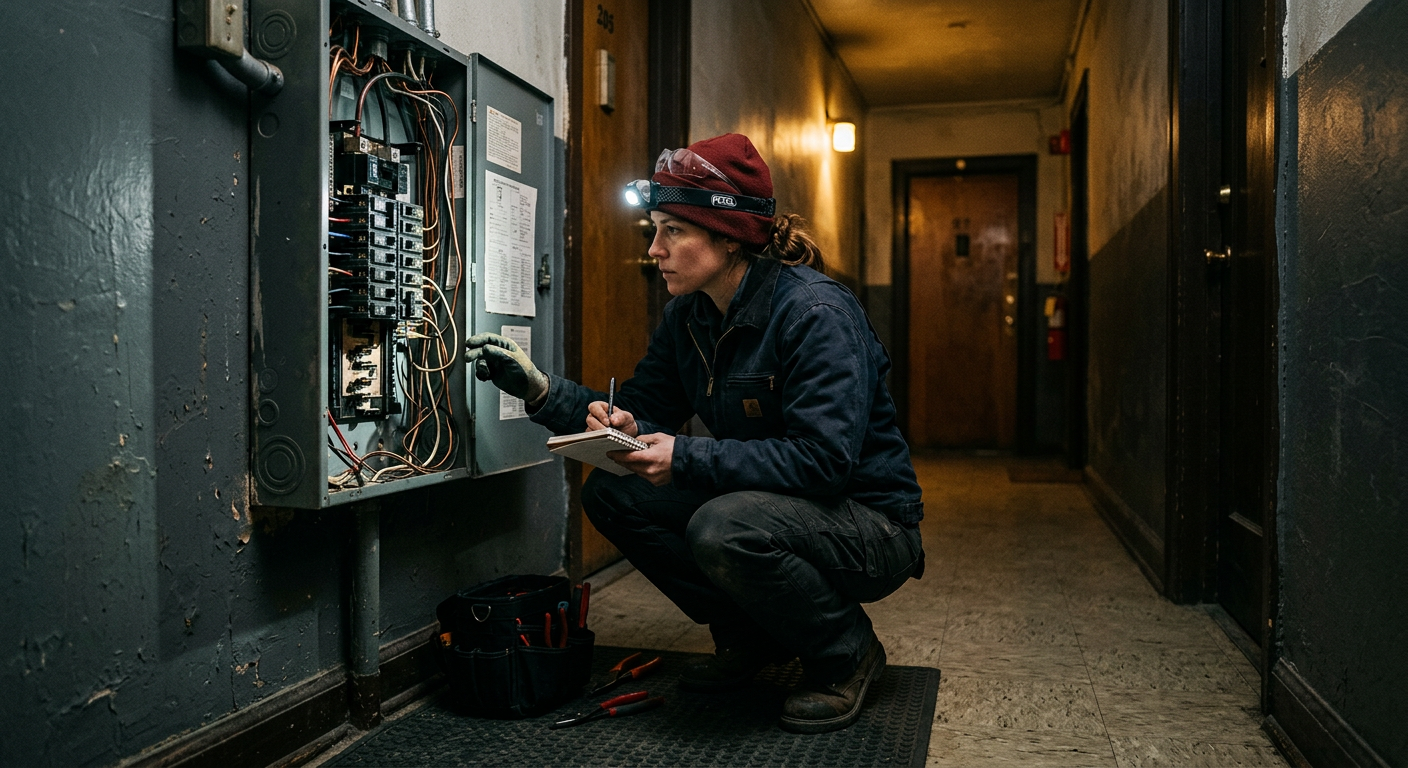 Une électricienne note ses mesures sur un carnet, dans un logement en travaux