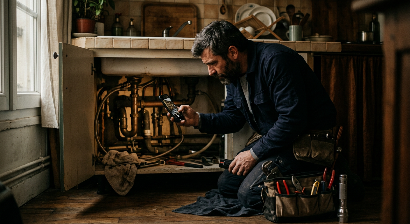 Un plombier examine une canalisation sous un évier