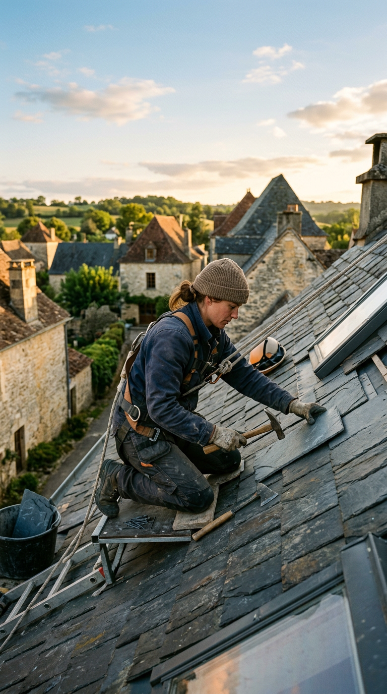 Un couvreur pose des ardoises sur un toit