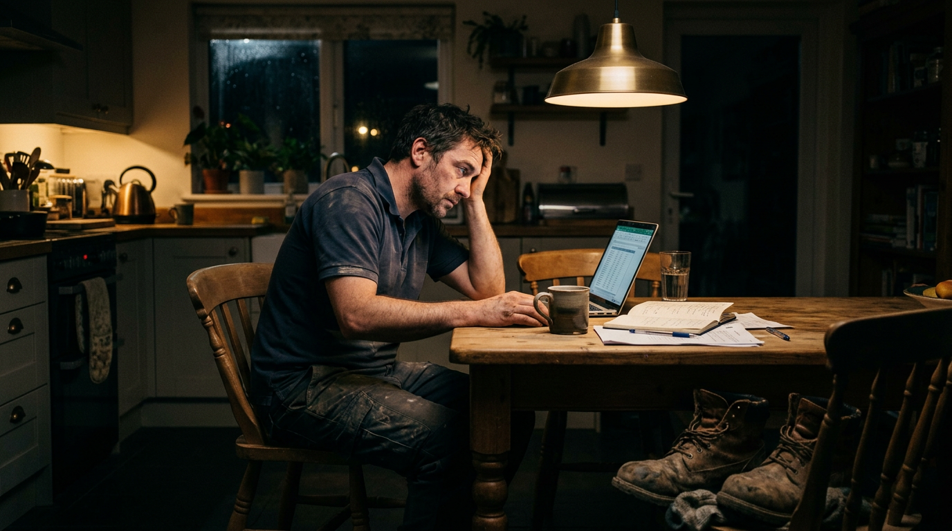 Un artisan fatigué, assis à la table de sa cuisine le soir, devant son ordinateur et ses papiers