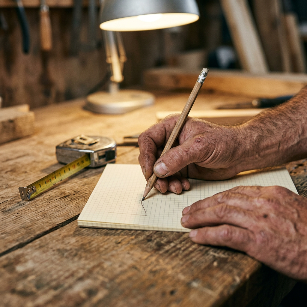Les mains d’un artisan remplissent un devis à la main sous une lampe d’établi